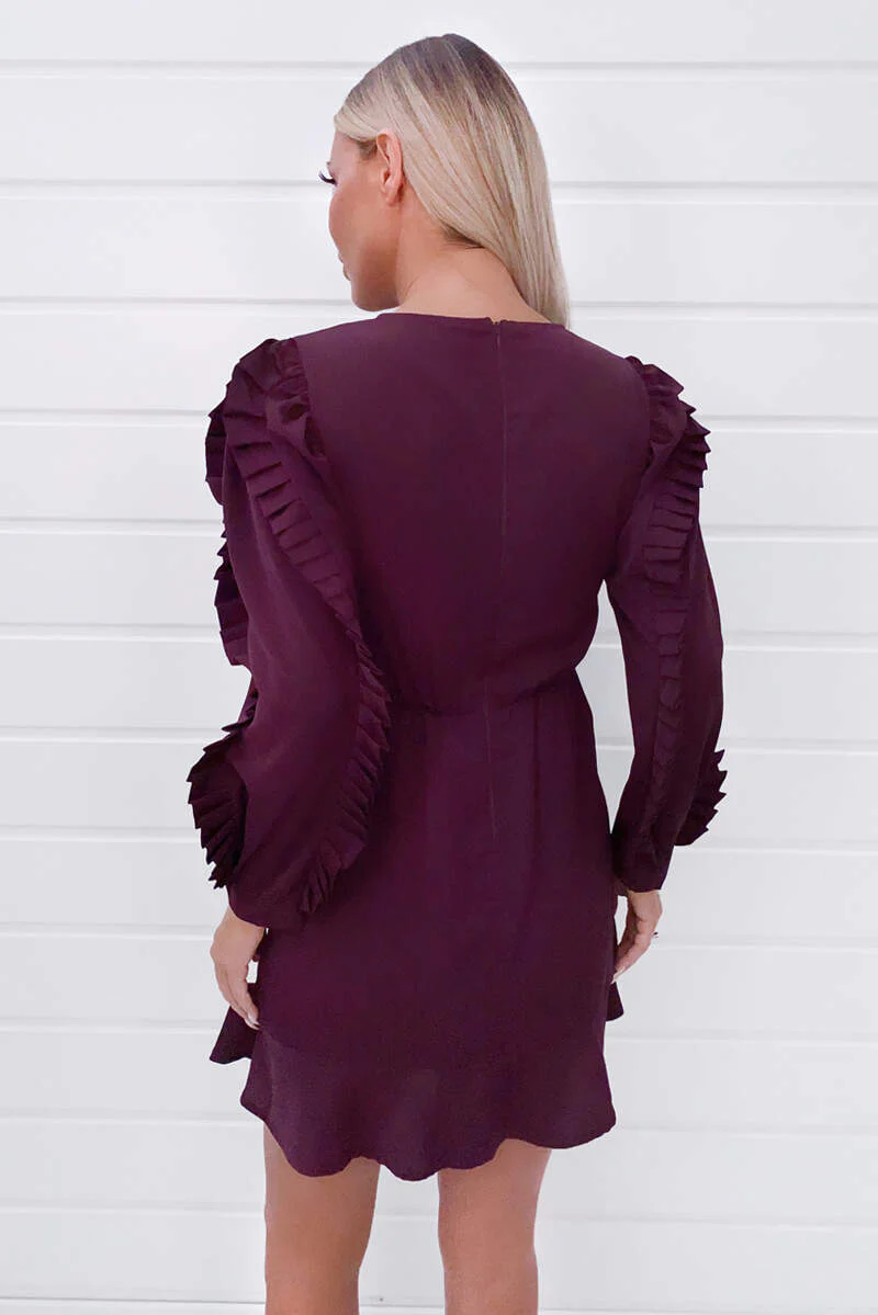 Plum Pleated Long Sleeve Skater Dress - Swimclubus