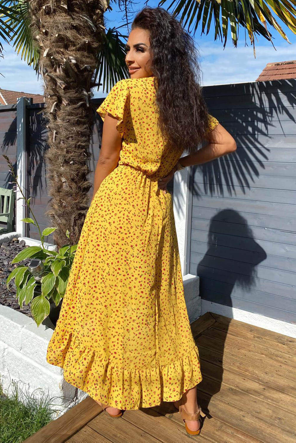 V neck Printed Frill Midi Dress - Swimclubus