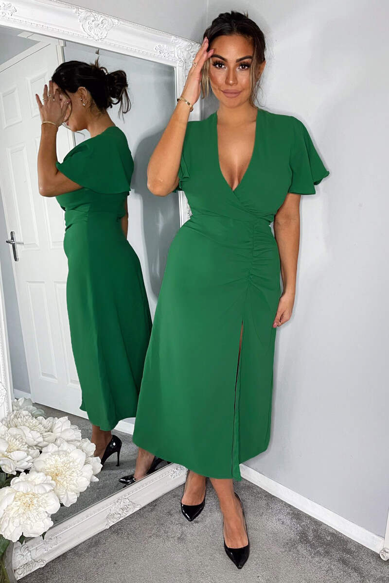 Green Ruched Split Leg Midi Dress - Swimclubus