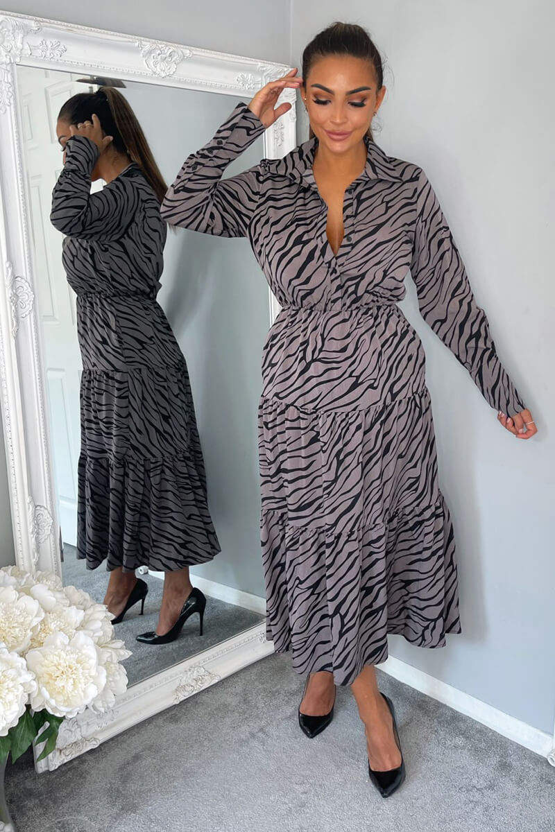 Grey Animal Print Button Up Midi Dress - Swimclubus