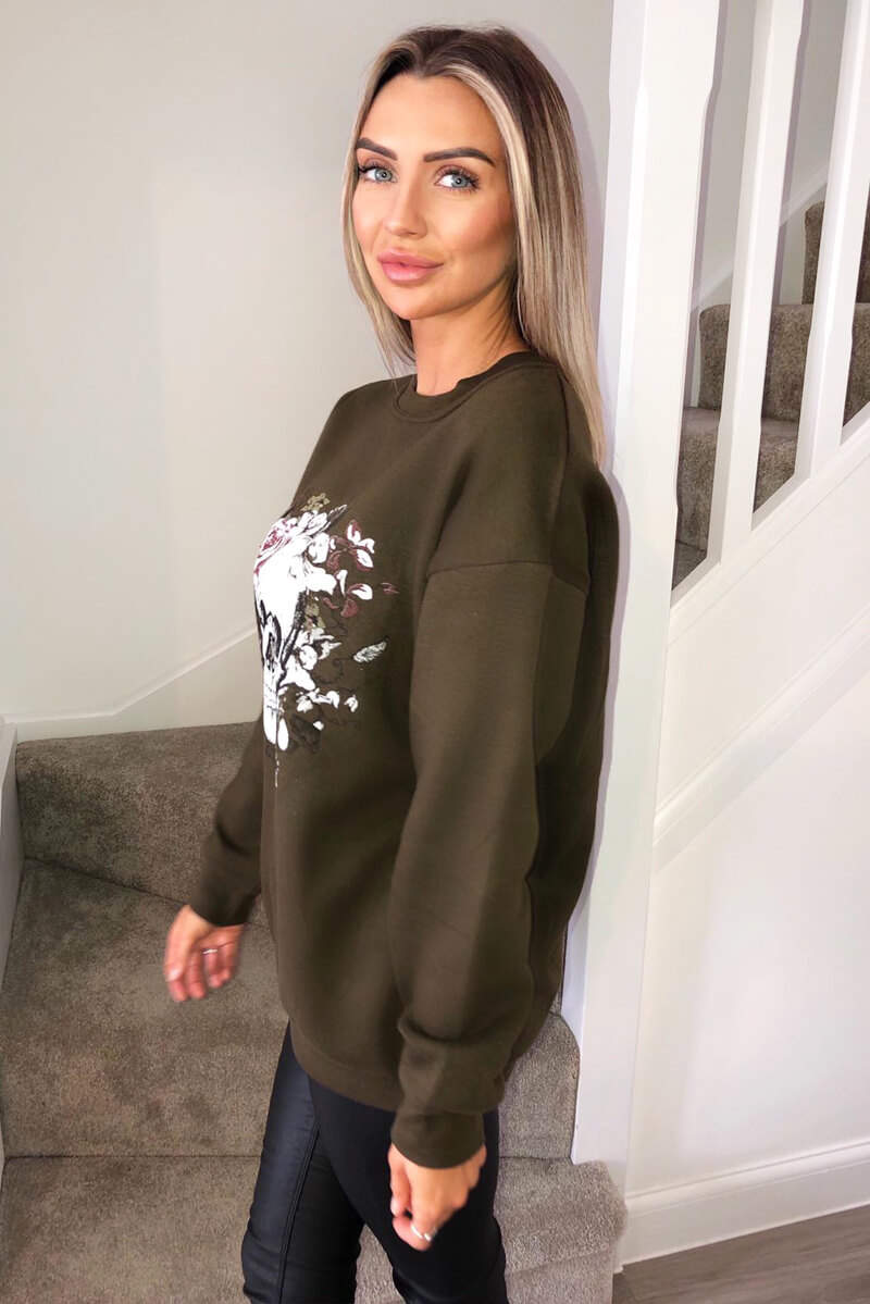 Khaki Skull Printed Sweatshirt - Swimclubus