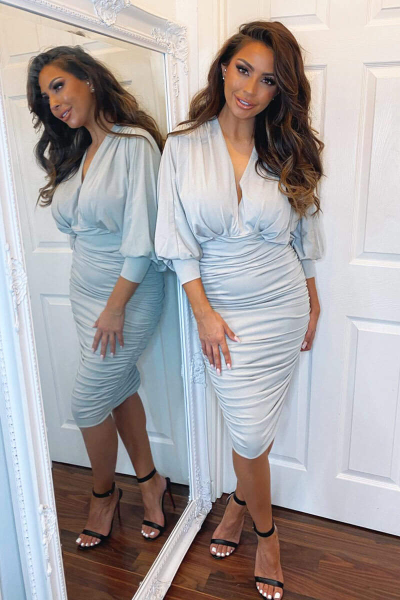 Silver Ruched Bat Wing Sleeve Midi Dress - Swimclubus
