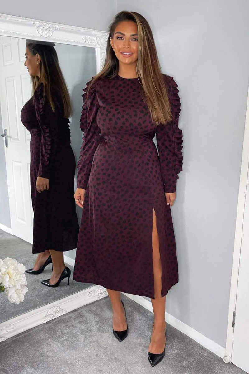 Plum Printed Long Pleated Sleeve Midi Dress - Swimclubus