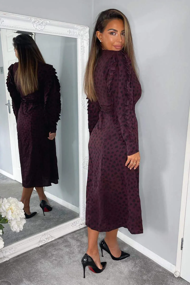 Plum Printed Long Pleated Sleeve Midi Dress - Swimclubus
