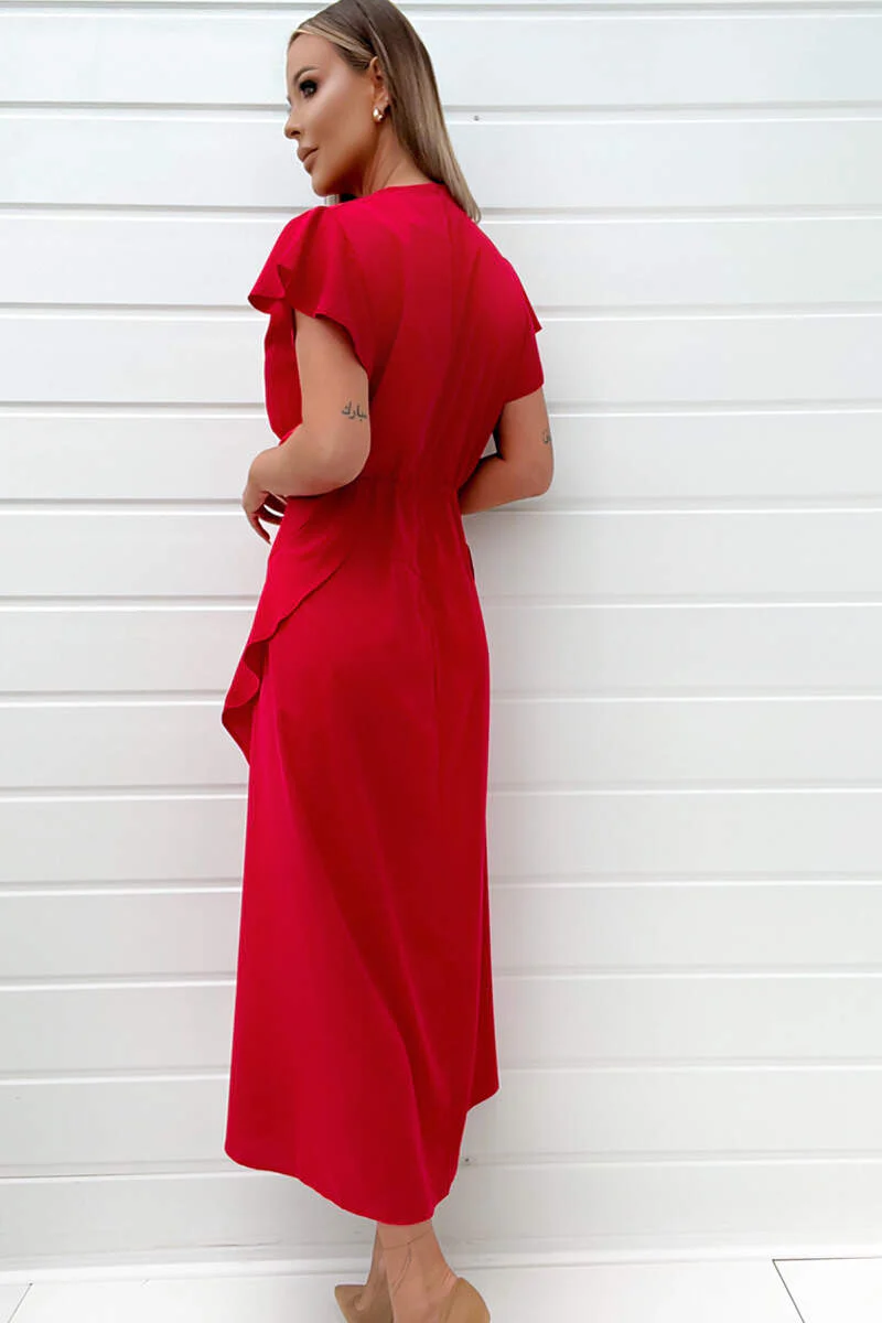 Red Frill Detail Double Split Skirt Midi Dress - Swimclubus