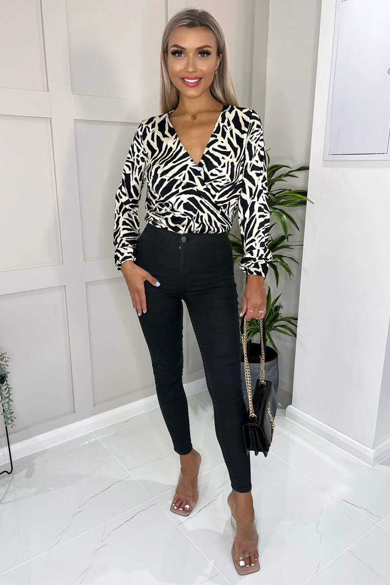 Black And Stone Animal Print Long Sleeve Wrap Over Bodysuit - Swimclubus