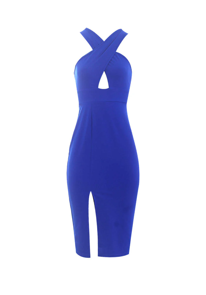 Blue Cross Front Bodycon Dress - Swimclubus