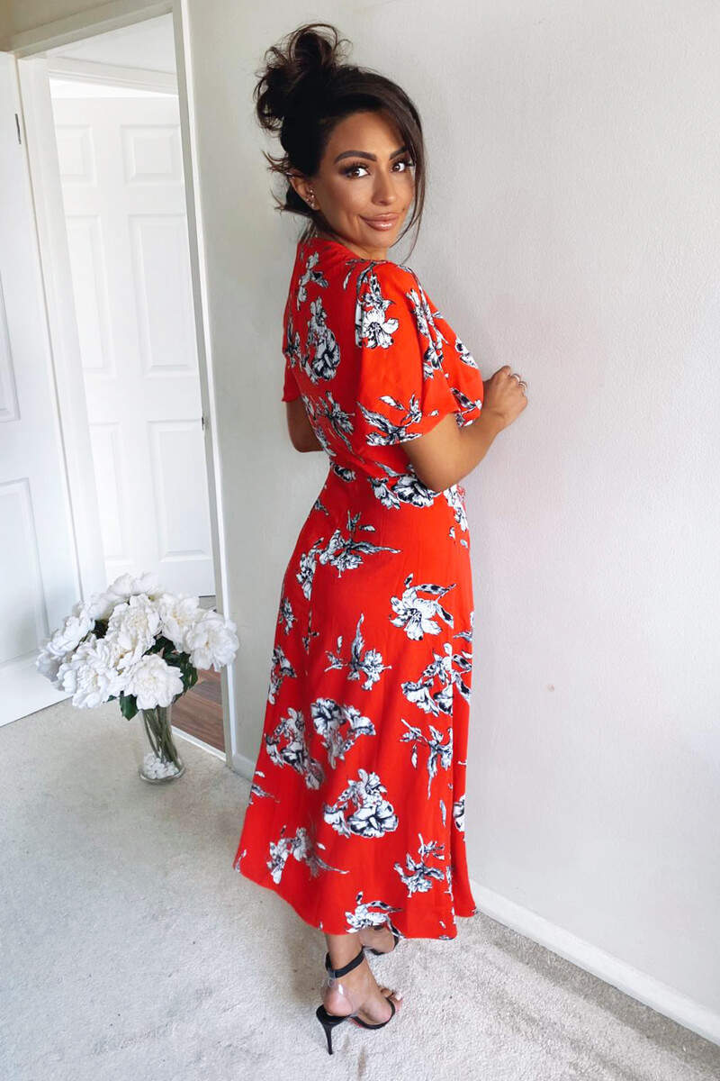 Red Floral Print Bell Sleeve Midi Dress - Swimclubus