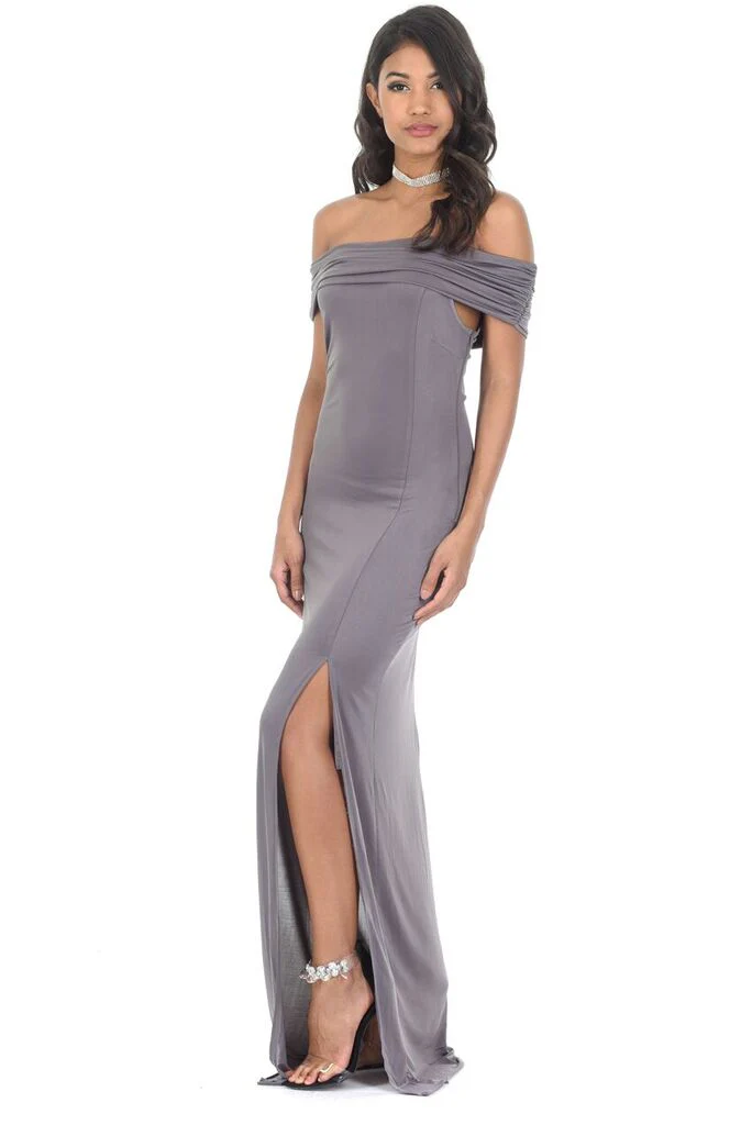 Pewter Off The Shoulder Slinky Maxi Dress - Swimclubus