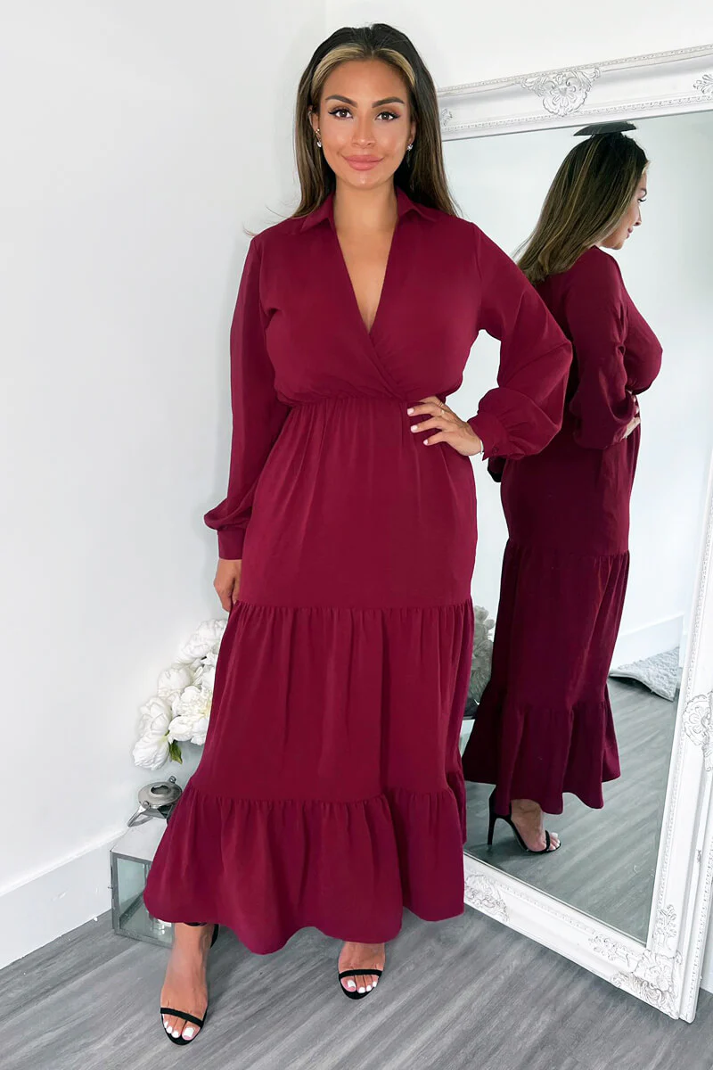 Wine Long Sleeve Wrap Top Smock Midi Dress - Swimclubus