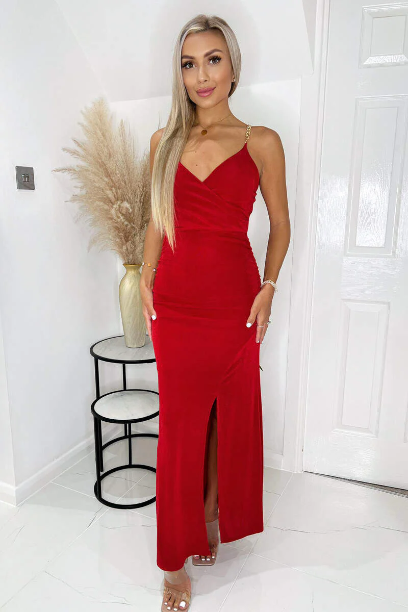 Red Wrap Top Ruched Side Chain Strap Midi Dress - Swimclubus