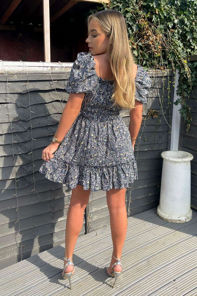 Navy Printed Puff Sleeve Shirred Mini Dress - Swimclubus