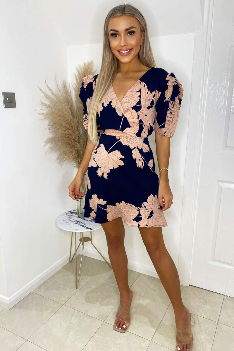 Navy And Blush Floral Pleated Sleeve Skater Dress - Swimclubus