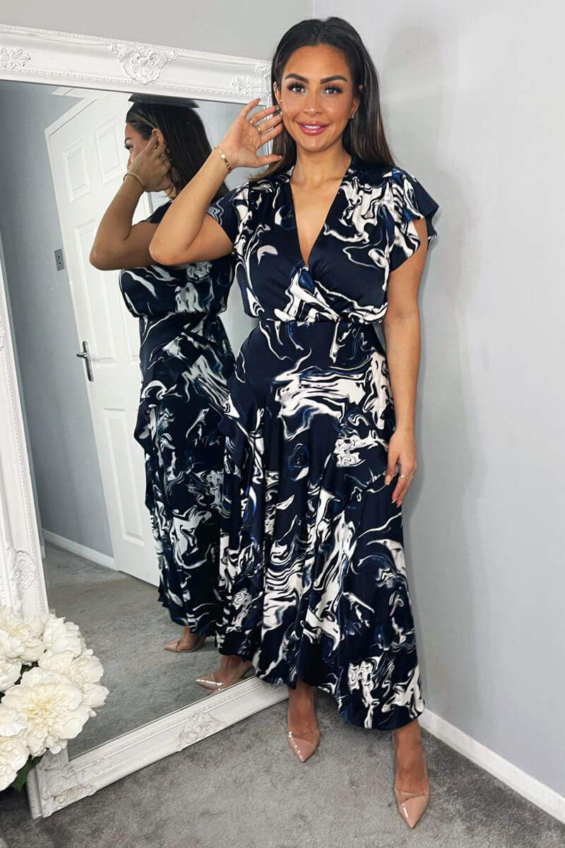 Navy Marble Print Short Sleeve Ruffle Midi Dress - Swimclubus