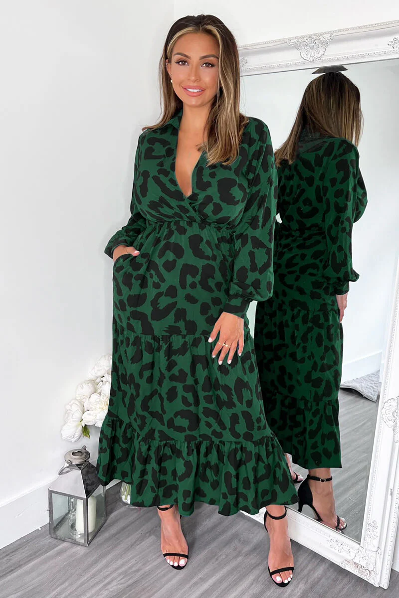 Green Leopard Print Long Sleeve Smock Midi Dress - Swimclubus