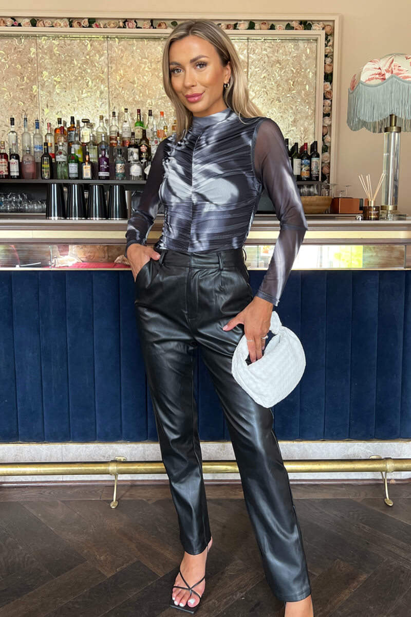 Black And White Marble Print High Neck Long Sleeve Ruched Mesh Bodysuit - Swimclubus