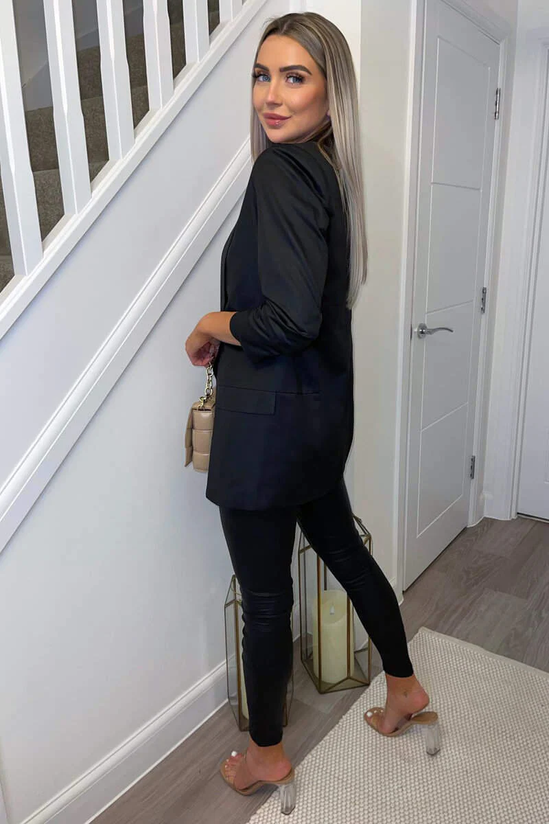 Black Ruched Sleeve Blazer - Swimclubus