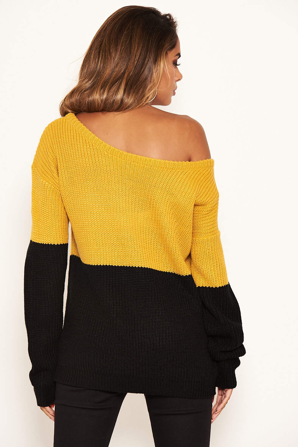 Mustard and Black Off Shoulder Knit Jumper - Swimclubus