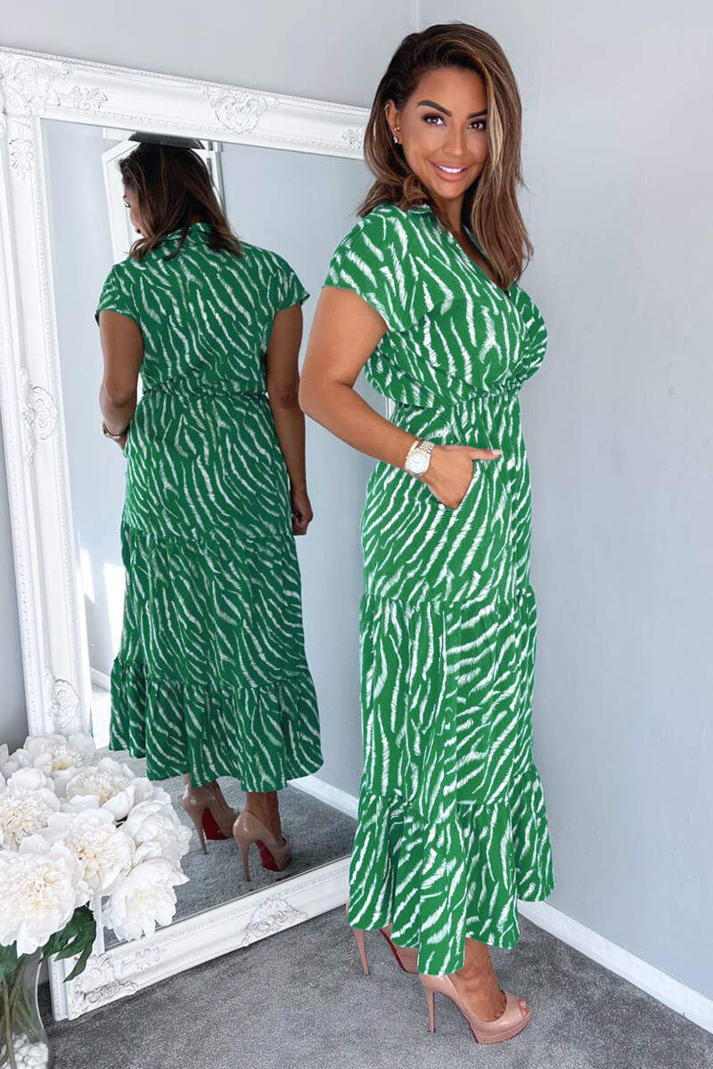 Green And White Animal Print Collared Smock Midi Dress - Swimclubus