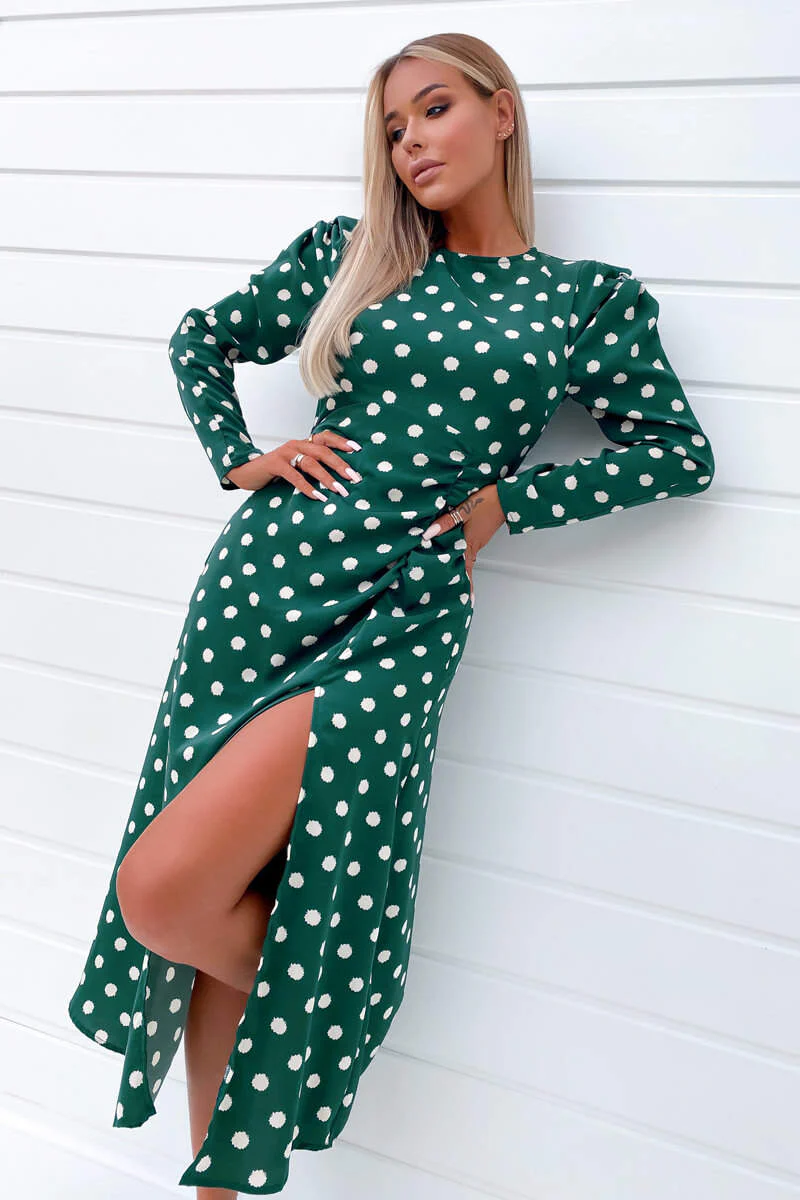 Green Spot Ruched Detail Midi Dress - Swimclubus
