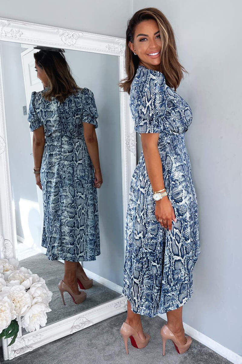 Blue Snake Print Tie Side Wrap Midi Dress - Swimclubus