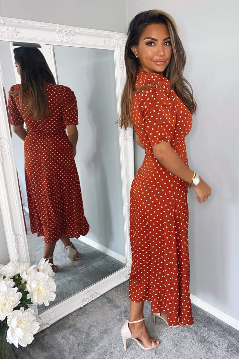 Rust Polka Dot Ruched Sleeve Midi Dress - Swimclubus