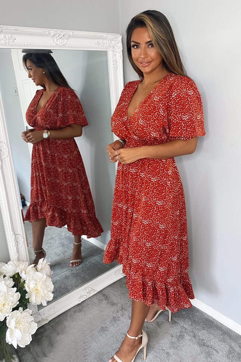 Rust Dot Printed Elasticated Waist Midi Dress - Swimclubus
