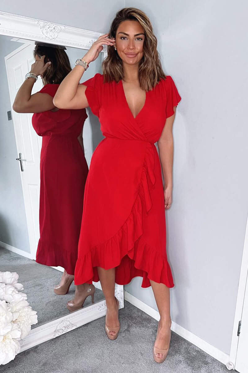Red Wrap Over Frill Hem Short Sleeve Midi Dress - Swimclubus