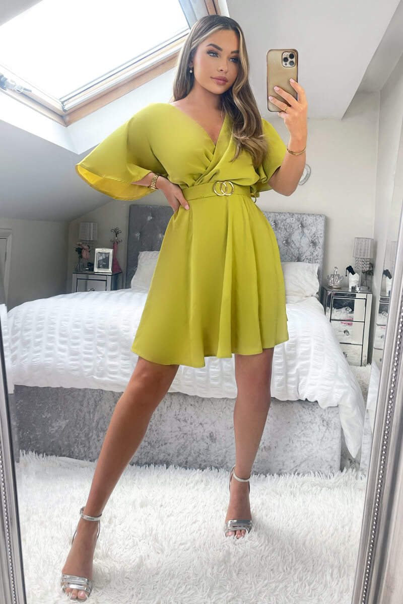Lime Wrap Over Belted Skater Dress With Short Sleeves - Swimclubus