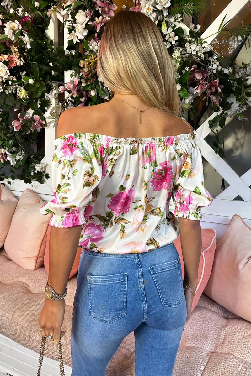 Cream Floral Print Elasticated Off The Shoulder Frill Detail Top - Swimclubus