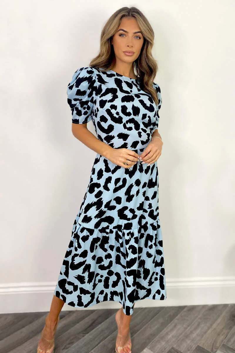 Blue and Black Animal Print Short Sleeve Midi Smock Dress - Swimclubus