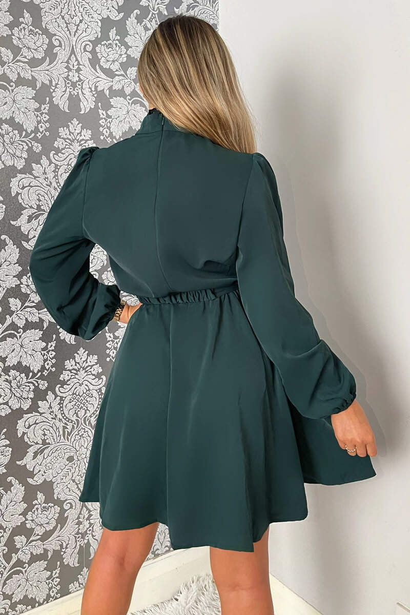 Teal High Neck Long Puff Sleeve Belted Skater Dress - Swimclubus