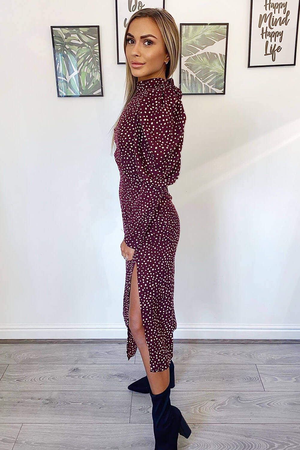 Plum Spotty High Neck Midi Dress - Swimclubus
