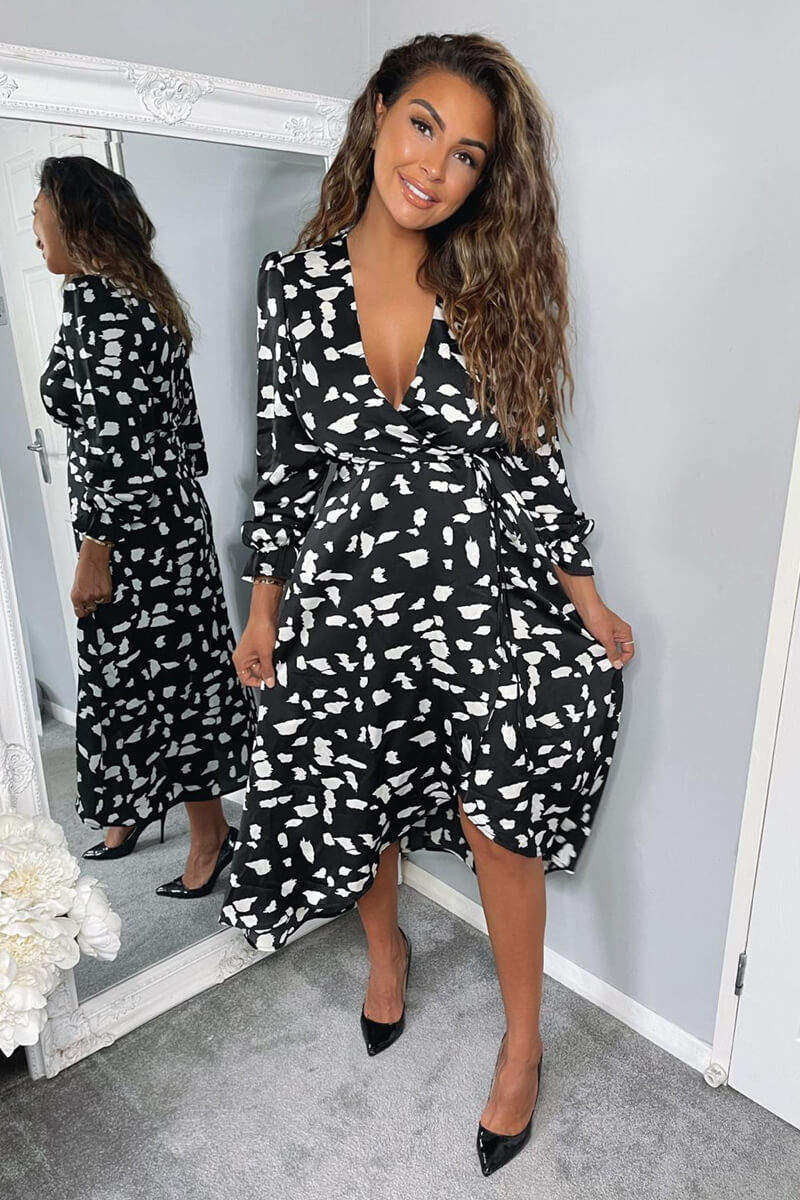 Black and White Printed Wrap Midi Dress - Swimclubus