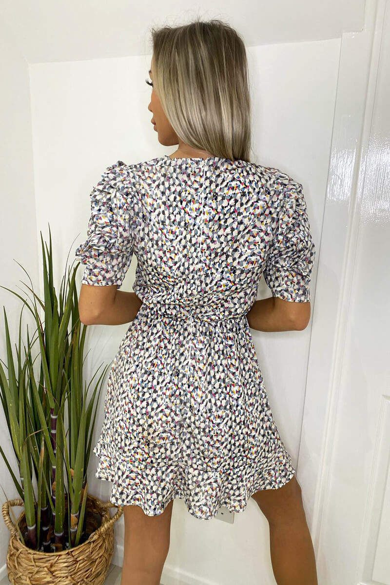 Grey Multi Abstract Pleat Sleeve Dress - Swimclubus