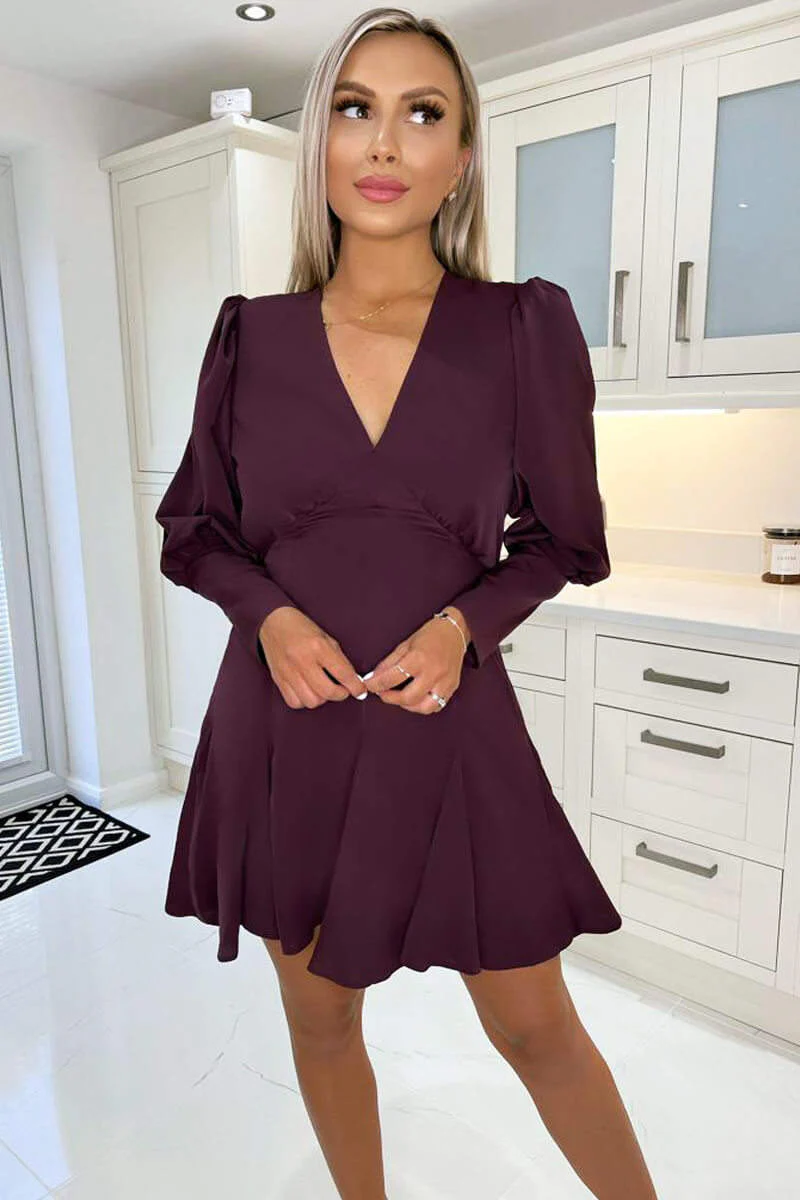 Plum V-Neck Long Sleeve Skater Dress - Swimclubus