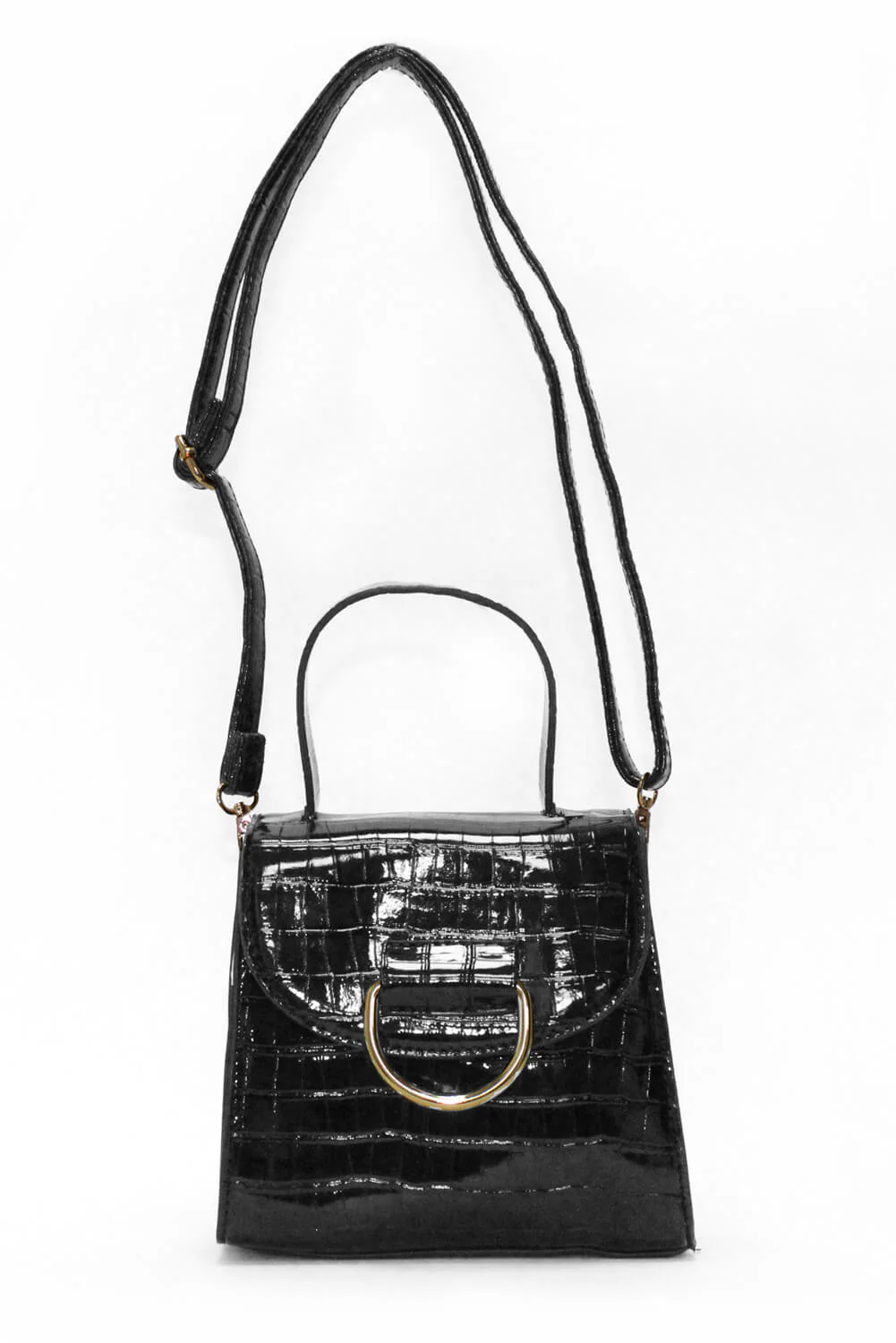 Black Croc Mini Patent Bag With Gold Ring - Swimclubus
