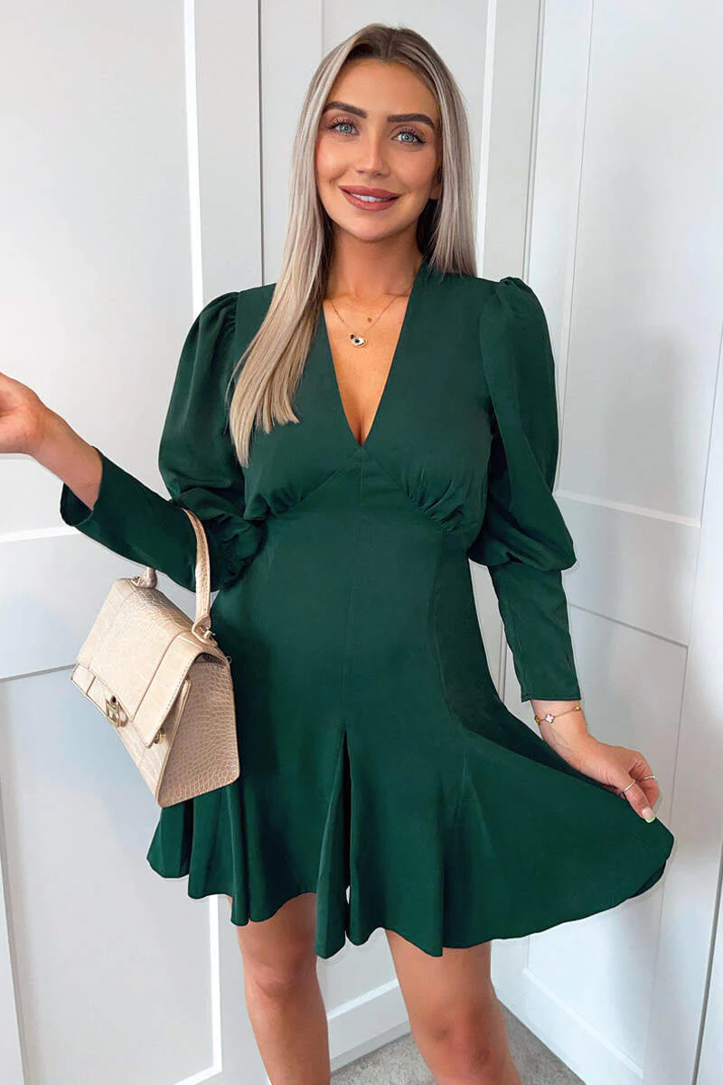 Teal V-Neck Long Sleeve Skater Dress - Swimclubus