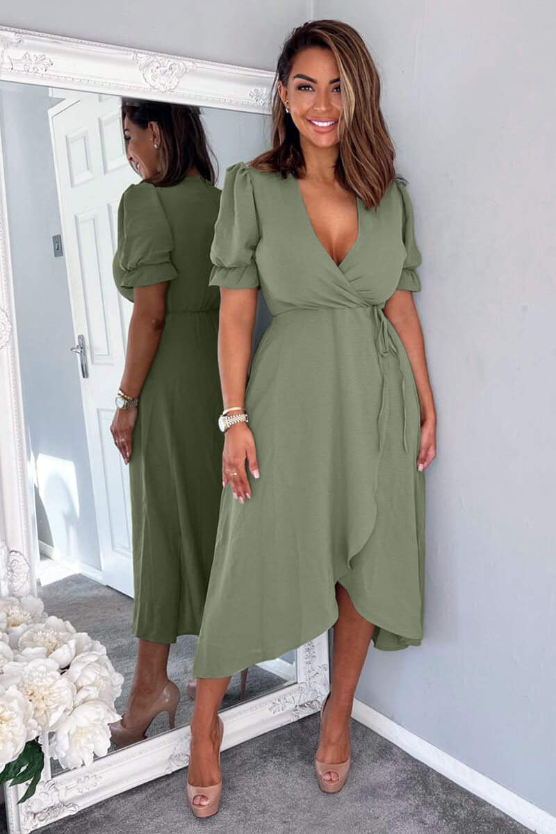 Khaki Wrap Side Tie Midi Dress - Swimclubus