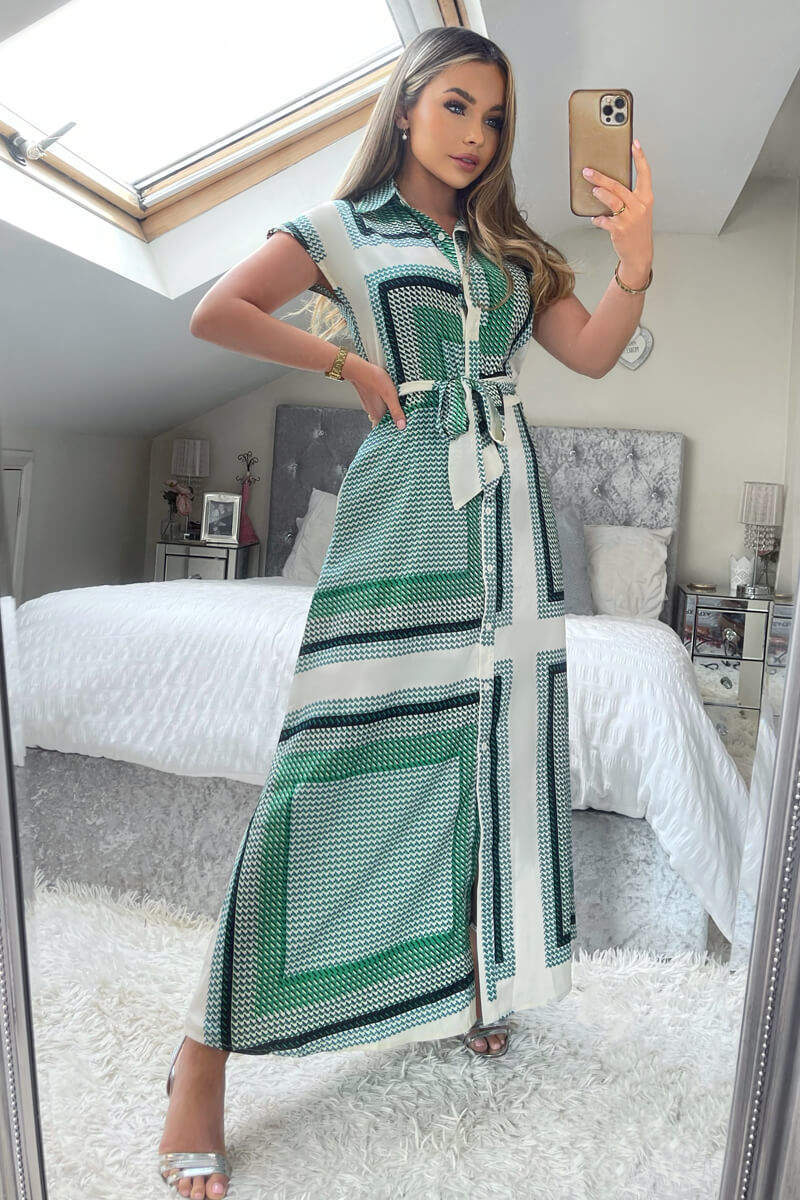 Green Printed Tie Waist Button Up Midi Dress - Swimclubus