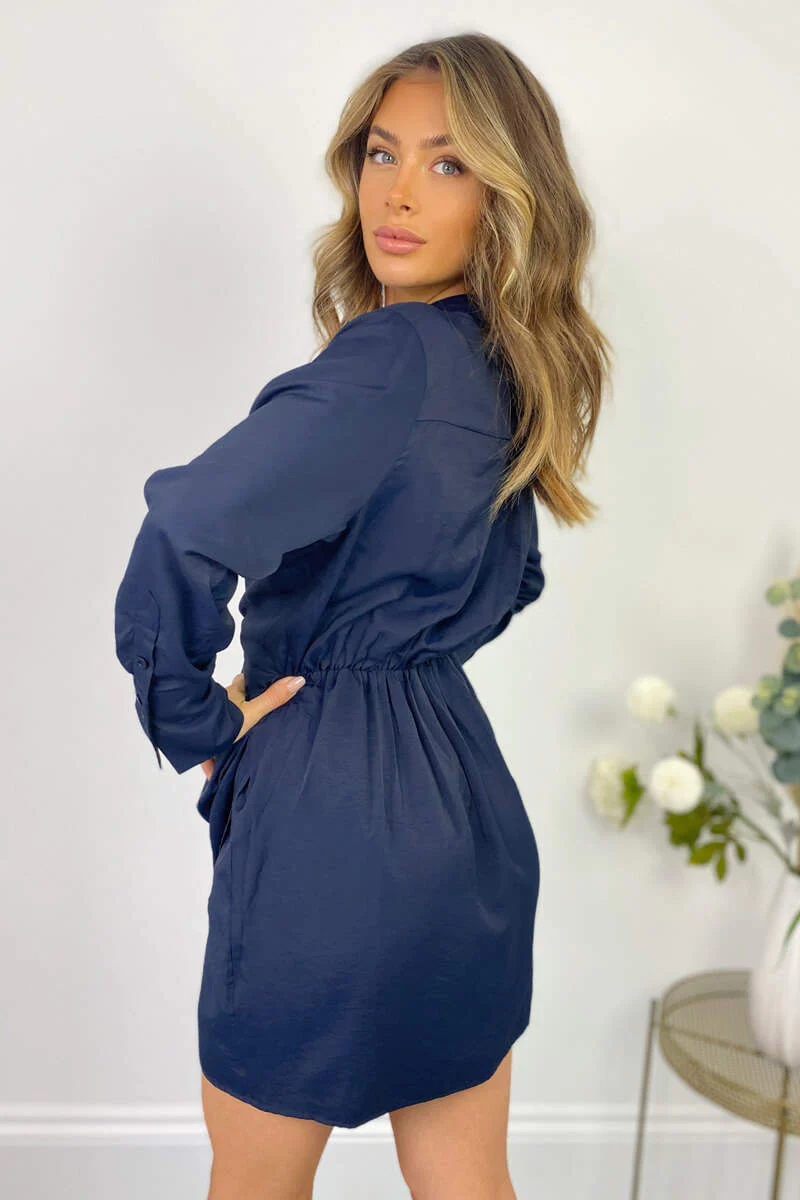 Navy Wrap Shirt Dress - Swimclubus
