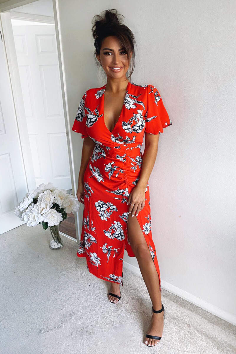 Red Floral Print Bell Sleeve Midi Dress - Swimclubus