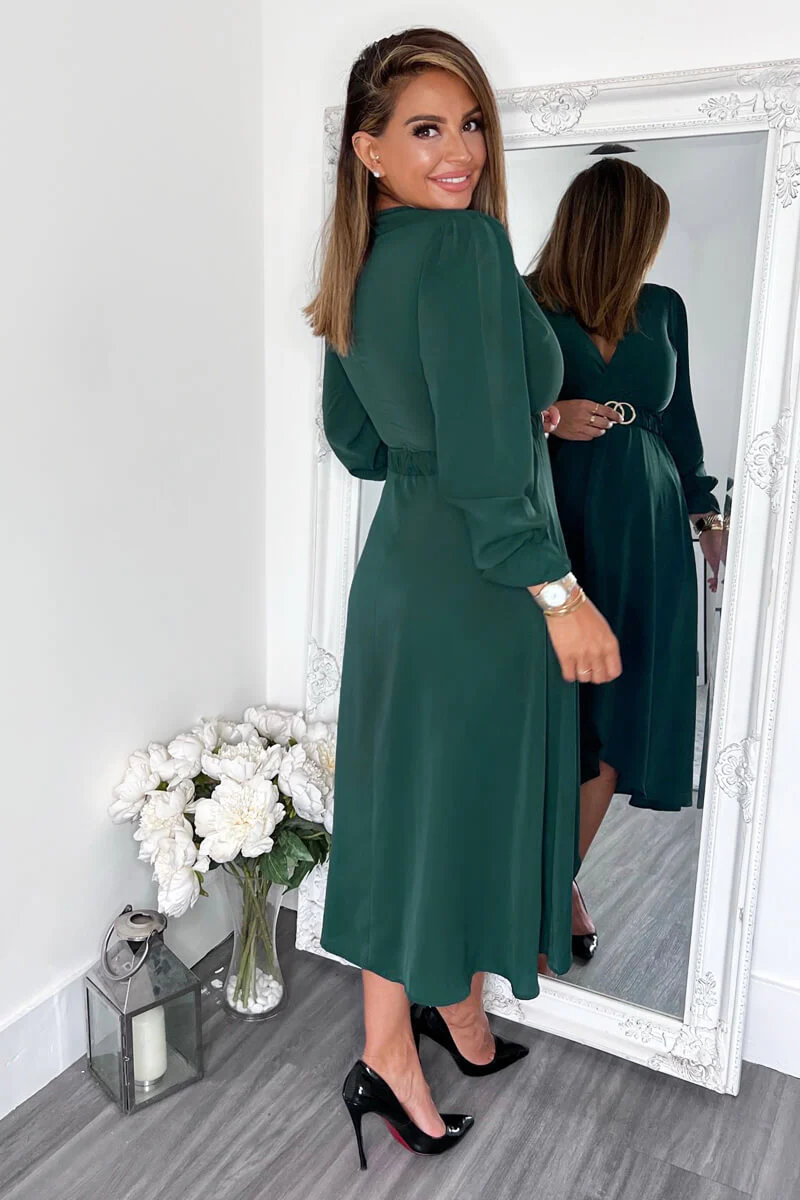 Teal Long Sleeve Belted Midi Dress - Swimclubus