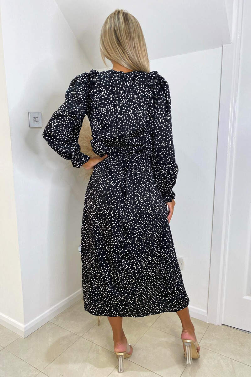Black Printed Frill Front Midi Dress - Swimclubus
