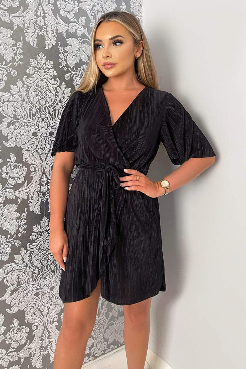 Black Wrap Top Belted Short Sleeve Plisse Mini Dress - Swimclubus