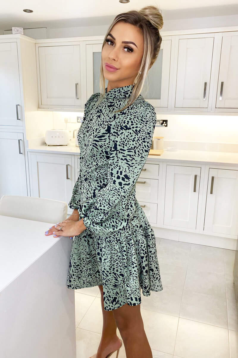 Mint High Neck Button Frill Hem Dress - Swimclubus