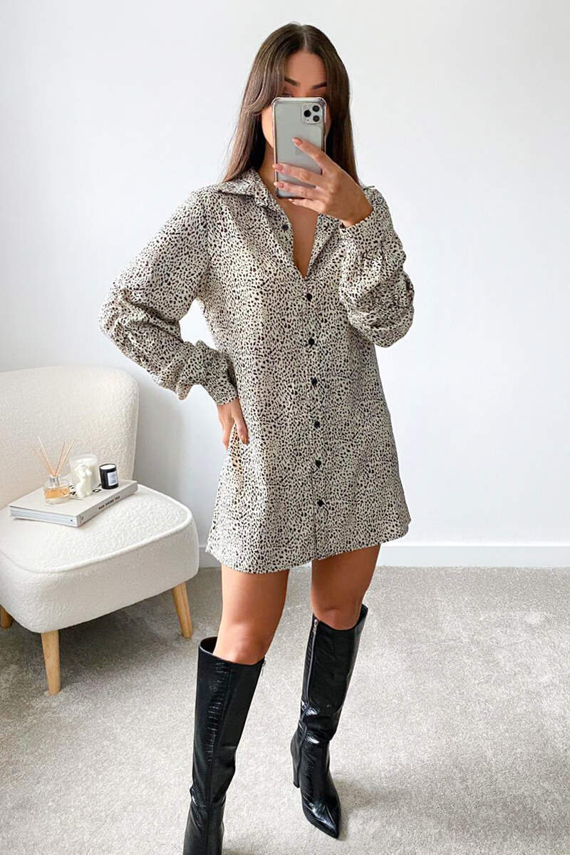Cream Animal Printed Button up Shirt Dress - Swimclubus