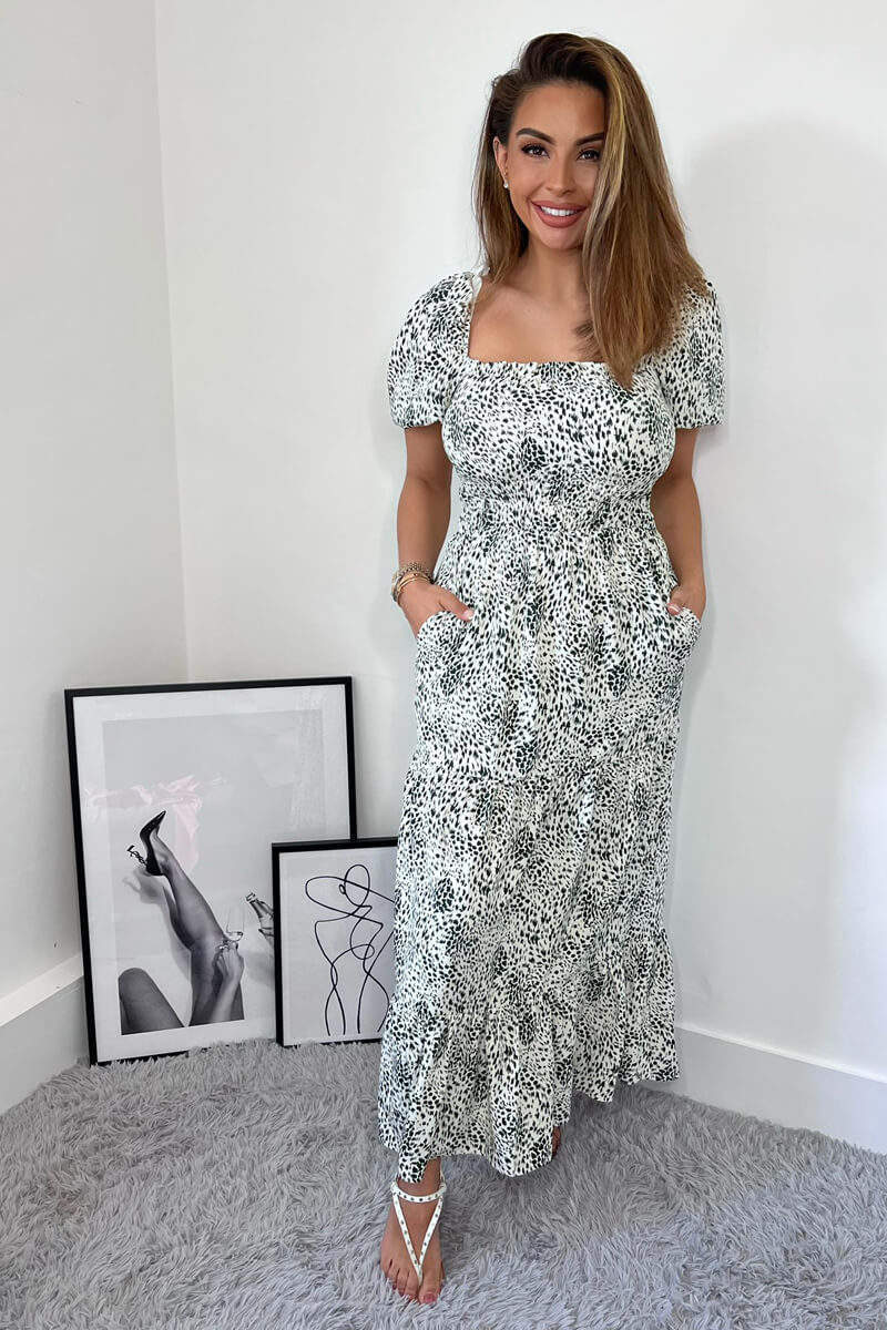 Cream And Green Printed Elasticated Midi Smock Dress - Swimclubus