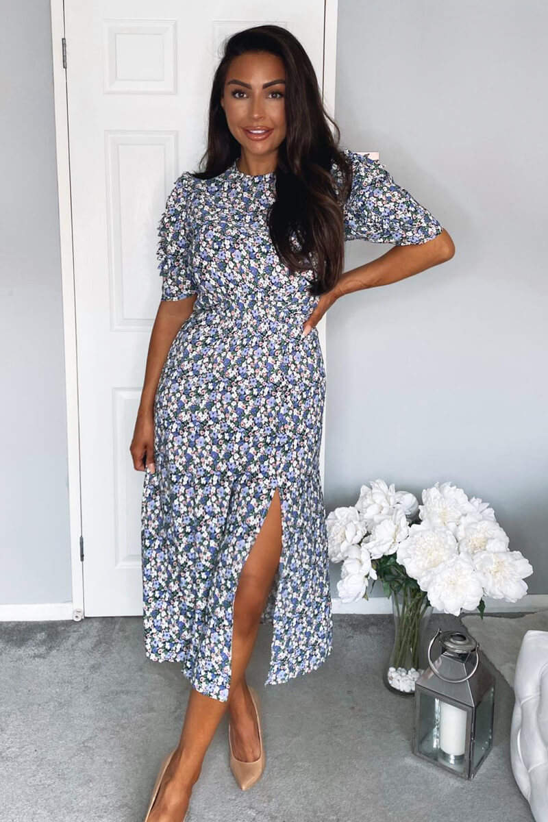 Multi Floral Pleated Sleeve Midi Dress - Swimclubus