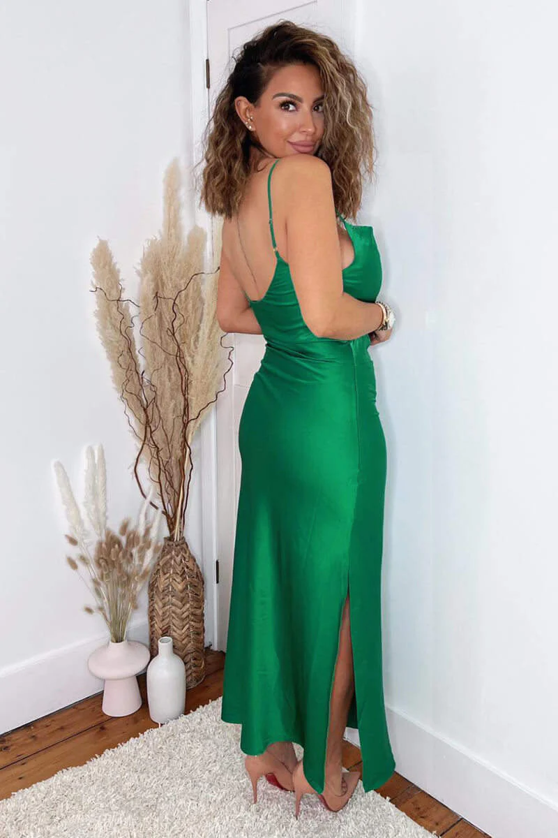 Jade Green Satin Cowl Neck Midi Dress - Swimclubus